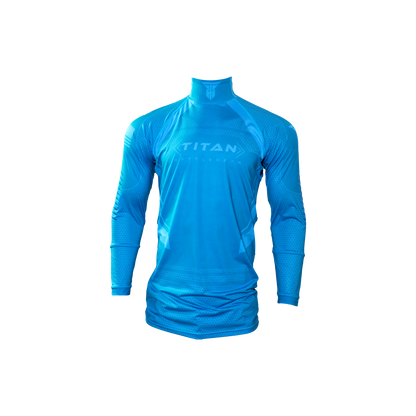 front mockup of Titan Battlegear hockey neck guard shirt in blue