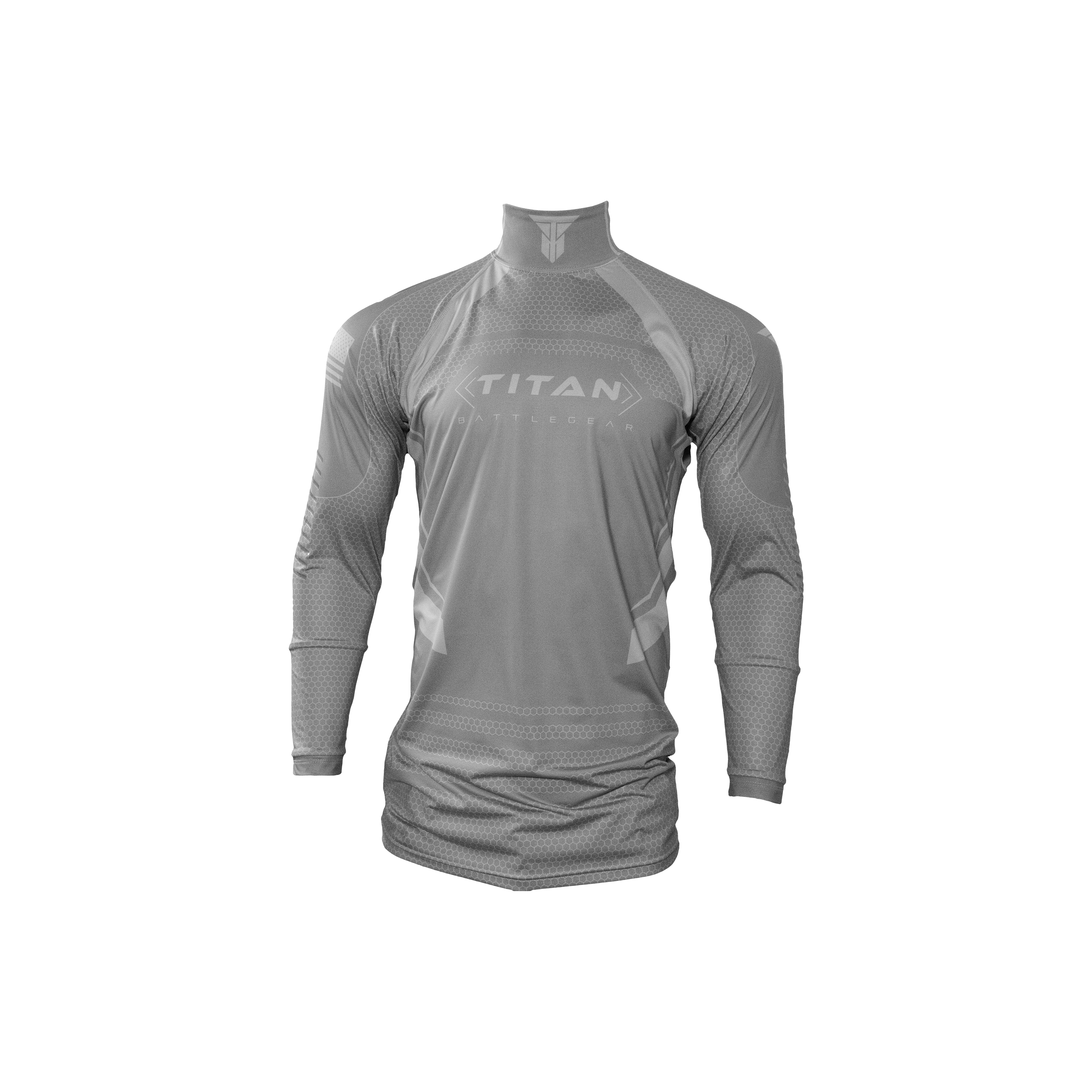 front mockup of Titan Battlegear hockey neck guard shirt in gray