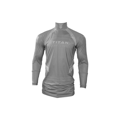 front mockup of Titan Battlegear hockey neck guard shirt in gray