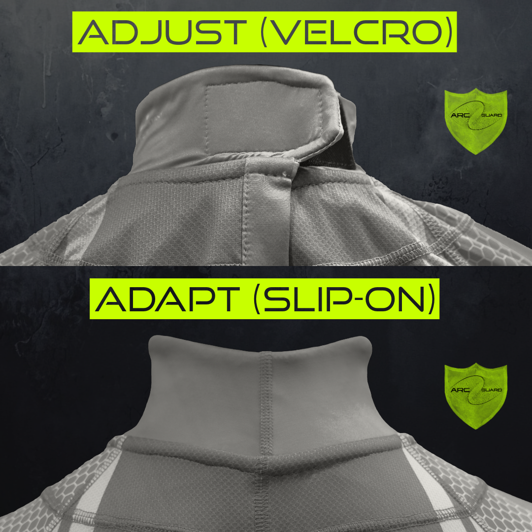  Image showcasing two versions of Titan Battlegear's ArcGuard neck protection. The top image features the "Adjust (Velcro)" version with a close-up of the velcro closure. The bottom image displays the "Adapt (Slip-On)" version with a close-up of the slip-on stretch fit. The ArcGuard shield logo is visible in both images. Text highlights the flexibility and customization options of the neck guards.