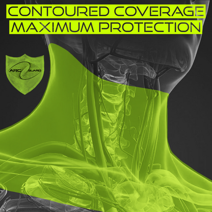 Image showcasing Titan Battlegear's ArcGuard with contoured coverage for maximum protection. The image highlights the neck area with an overlay of the ArcGuard shield and text stating "Contoured Coverage Maximum Protection." The background features an anatomical illustration of the neck to emphasize the protective coverage.