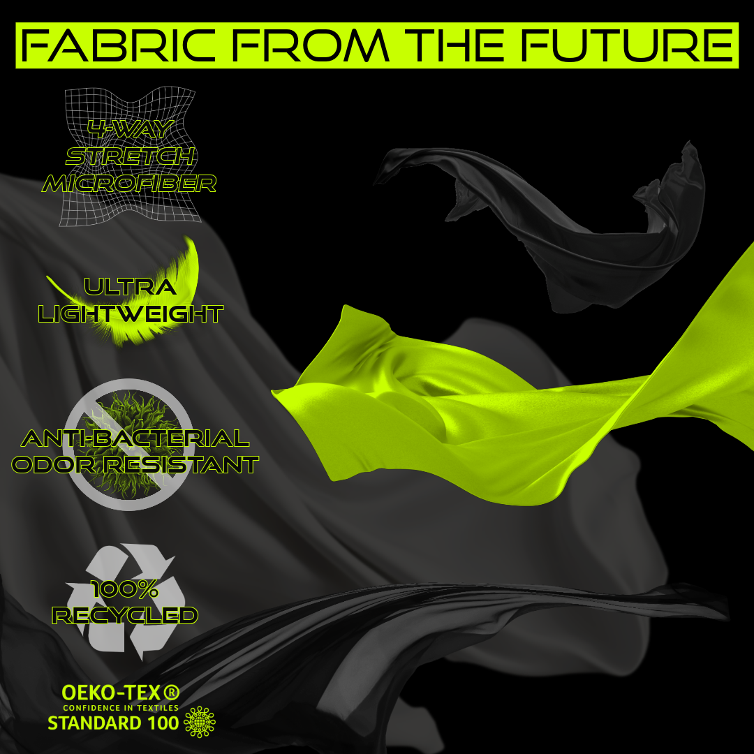 Image showcasing "Fabric from the Future" featuring 4-way stretch microfiber, ultra-lightweight properties, antibacterial and odor-resistant qualities, 100% recycled material, and certified by OEKO-TEX® Standard 100. The image displays dynamic, flowing fabrics in black and lime green.