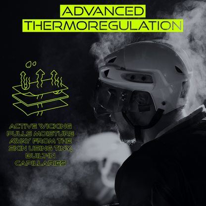 image highlighting the advanced thermoregulation feature of Titan Battlegear. The text "Advanced Thermoregulation" is displayed at the top, followed by "Active wicking pulls moisture away from the skin using tiny, built-in capillaries." The background features a hockey player wearing a helmet with visible steam, indicating the effectiveness of the moisture-wicking technology. An icon illustrating the active wicking process is also included.